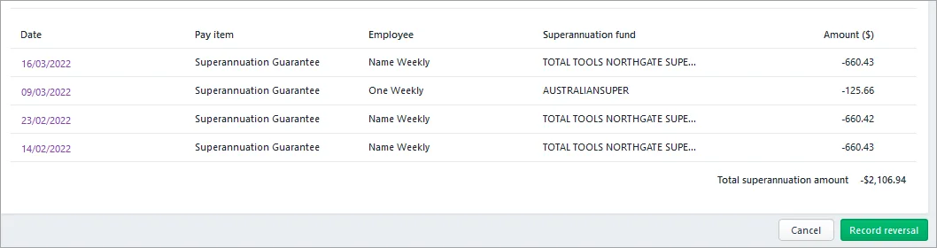 Super payment with negative values shown