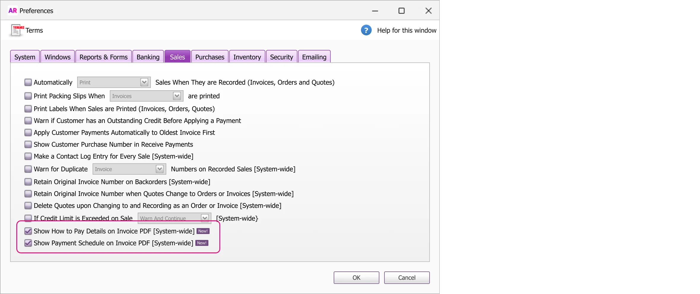 Example AccountRight preferences to show or hide how to pay and payment schedule details