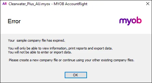 AccountRight sample company file has expired