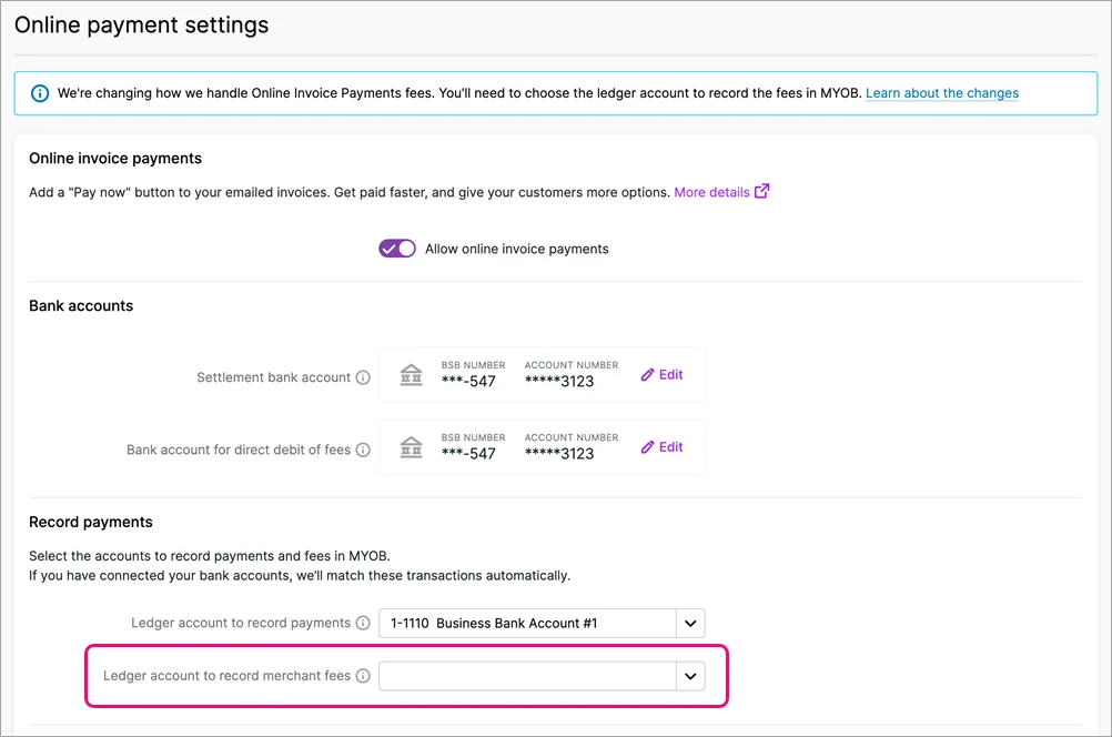 Example online invoice payment settings with fee ledger account highlighted