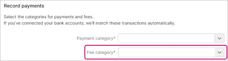 Example online invoice payment settings with fee ledger account highlighted