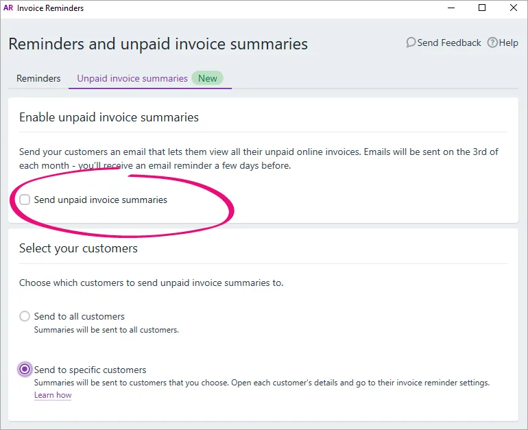 AccountRight unpaid invoices reminders option deselected
