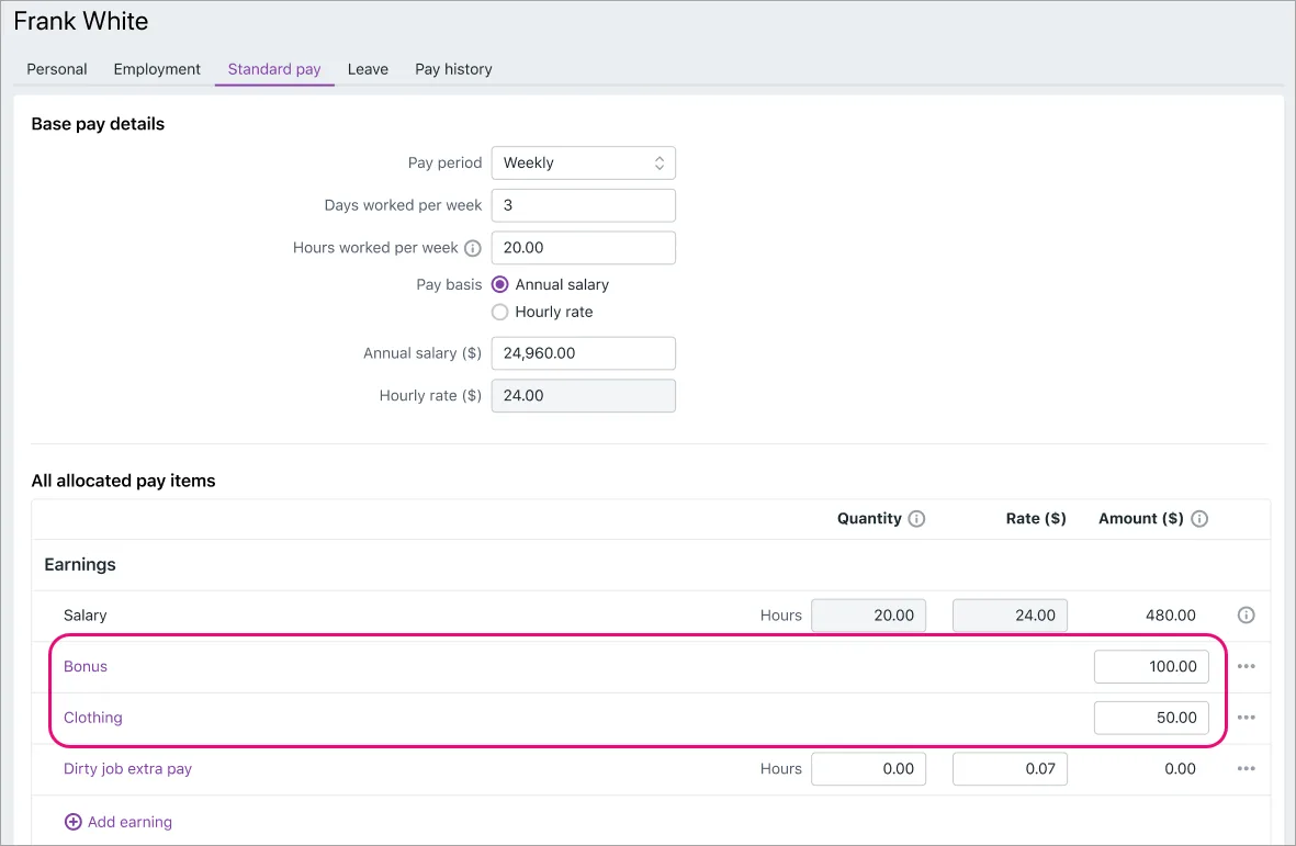 Example standard pay tab with custom amounts entered