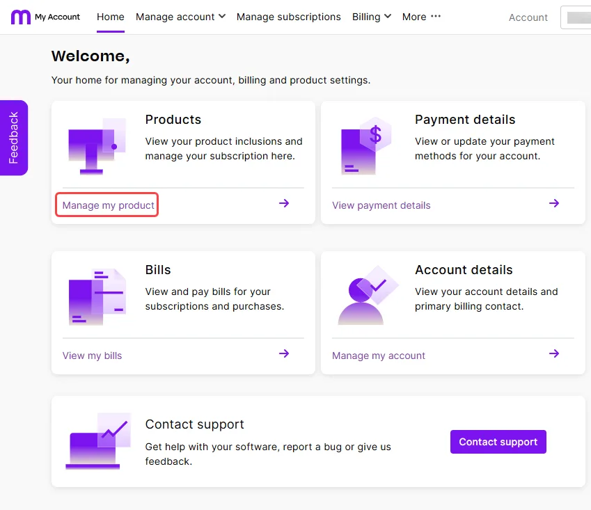 My account screen with manage my product link highlighted