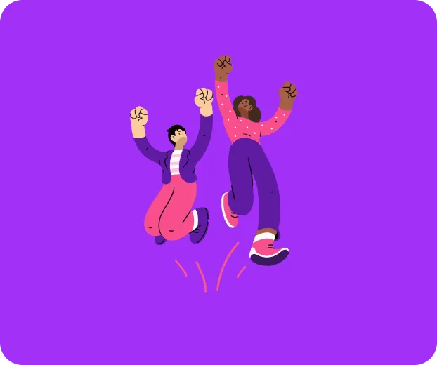 Illustration of two people jumping in the air with their hands raised over their heads.