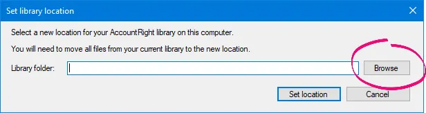 Set library location window with browse button highlighted