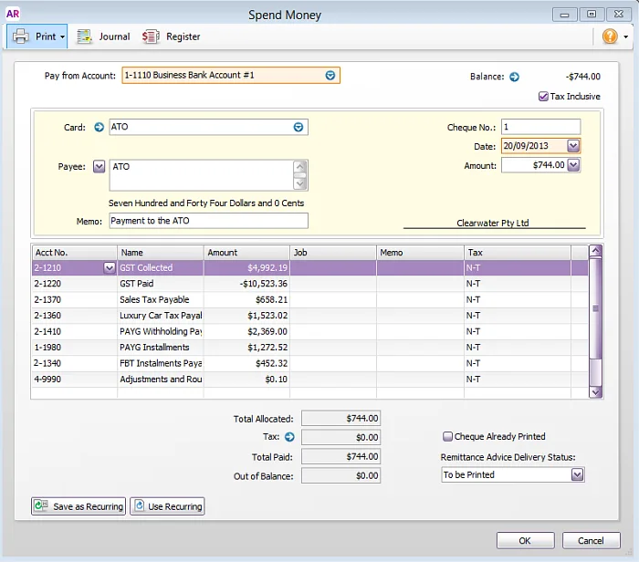 Ato Cheque Example Recording ATO payments and credits