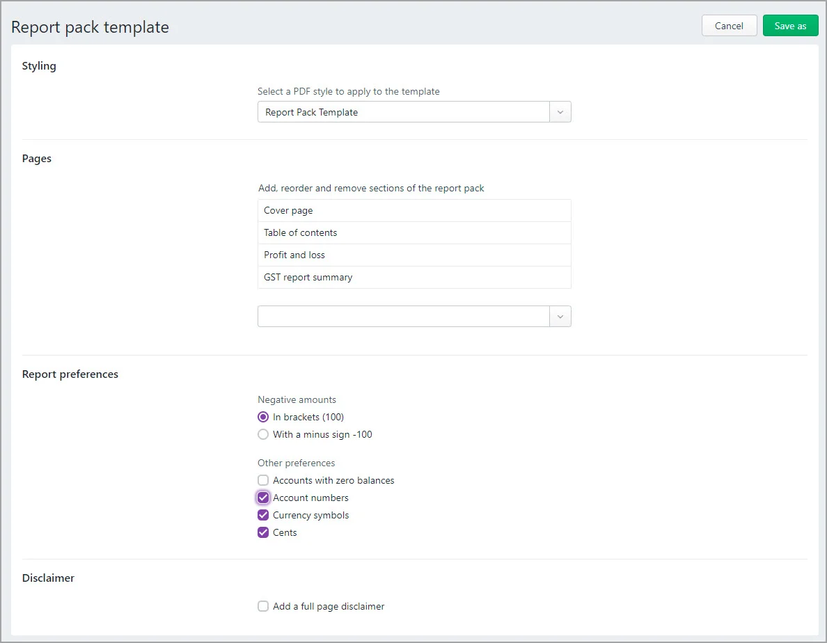 Report pack template page