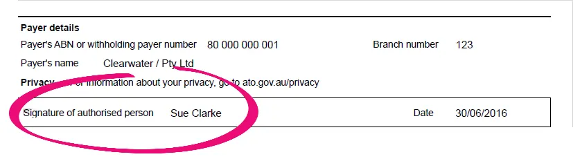 Authorised signatory on payment summary