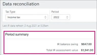 Data reconciliation page with the Period summary section highlighted, showing IR balance owing and TOtal IR assessment value data.