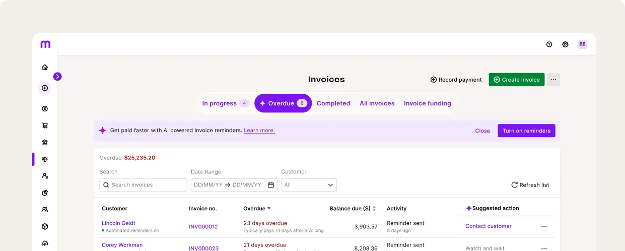 Invoice management dashboard showing overdue invoices totaling $25,235.20, with tabs for tracking payment status and AI-powered reminders.