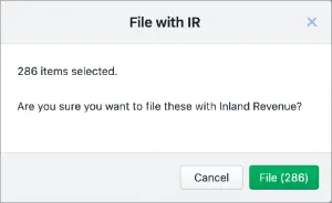 File with IR confirmation dialogue window saying "286 items selected. Are you sure you want to file these with Inland Revenue?" and a Cancel and File (286) button
