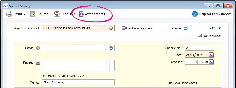Spend money attachments button