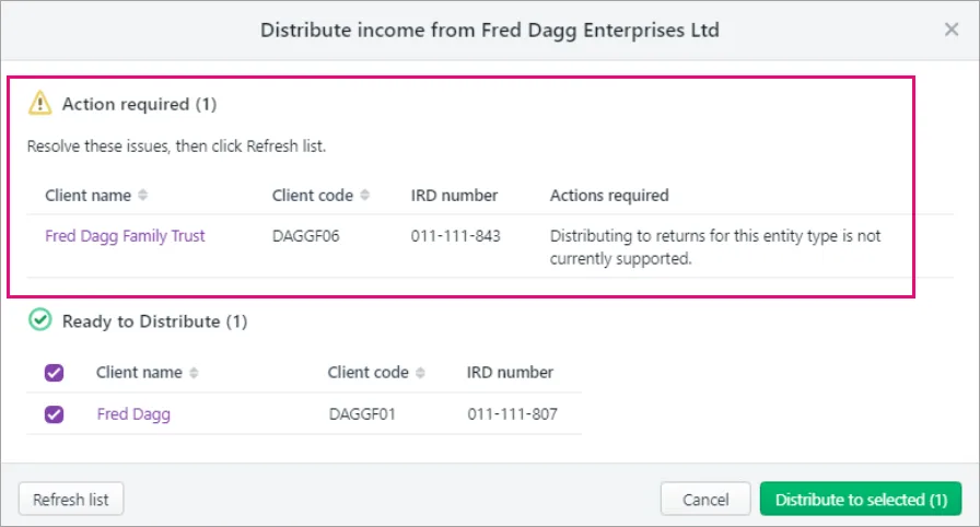 Action required section highlighted in the Distribute income window