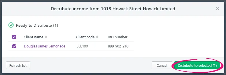 Distribute to selected button highlighted at the bottom right of the Distribute income window