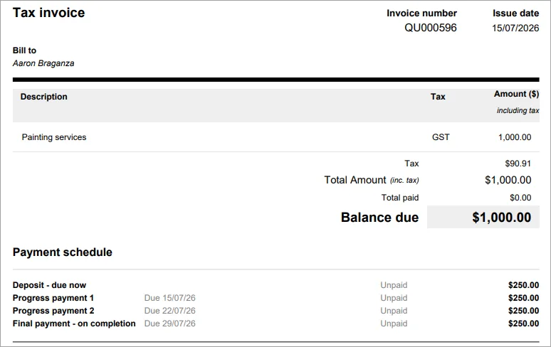 Example payment schedule details on a PDF invoice