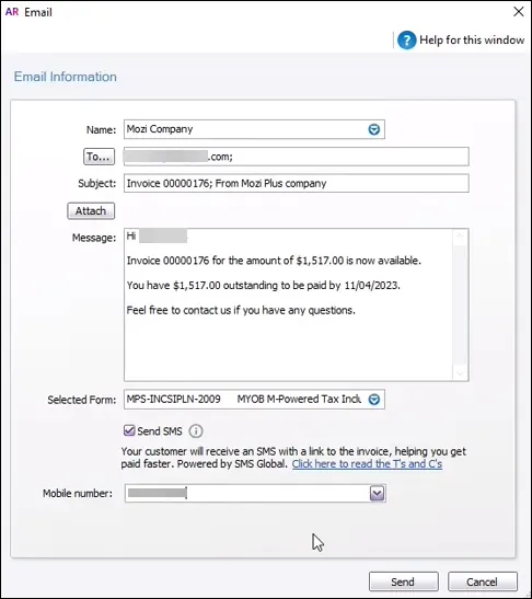 Email an online invoice from AccountRight with SMS option selected