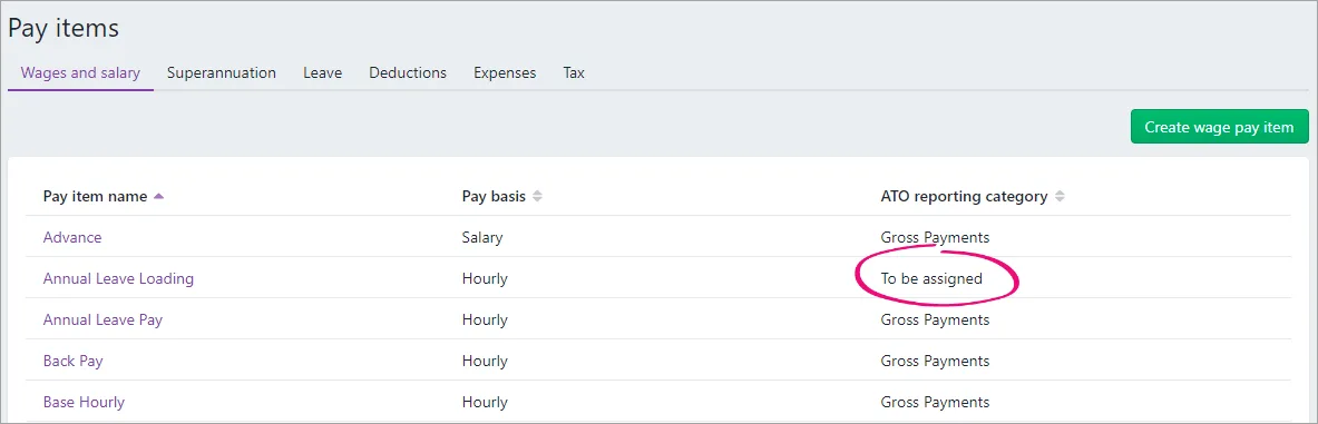 Example pay item list with to be assigned highlighted