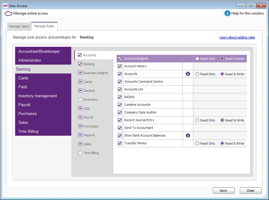User Access window