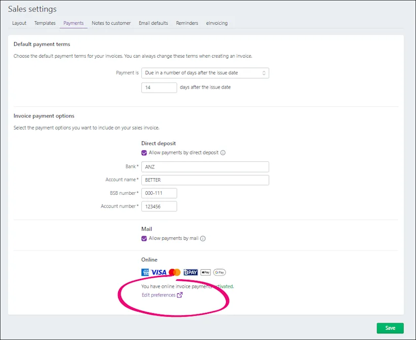Bpay Example Turning BPAY on or off for online payments