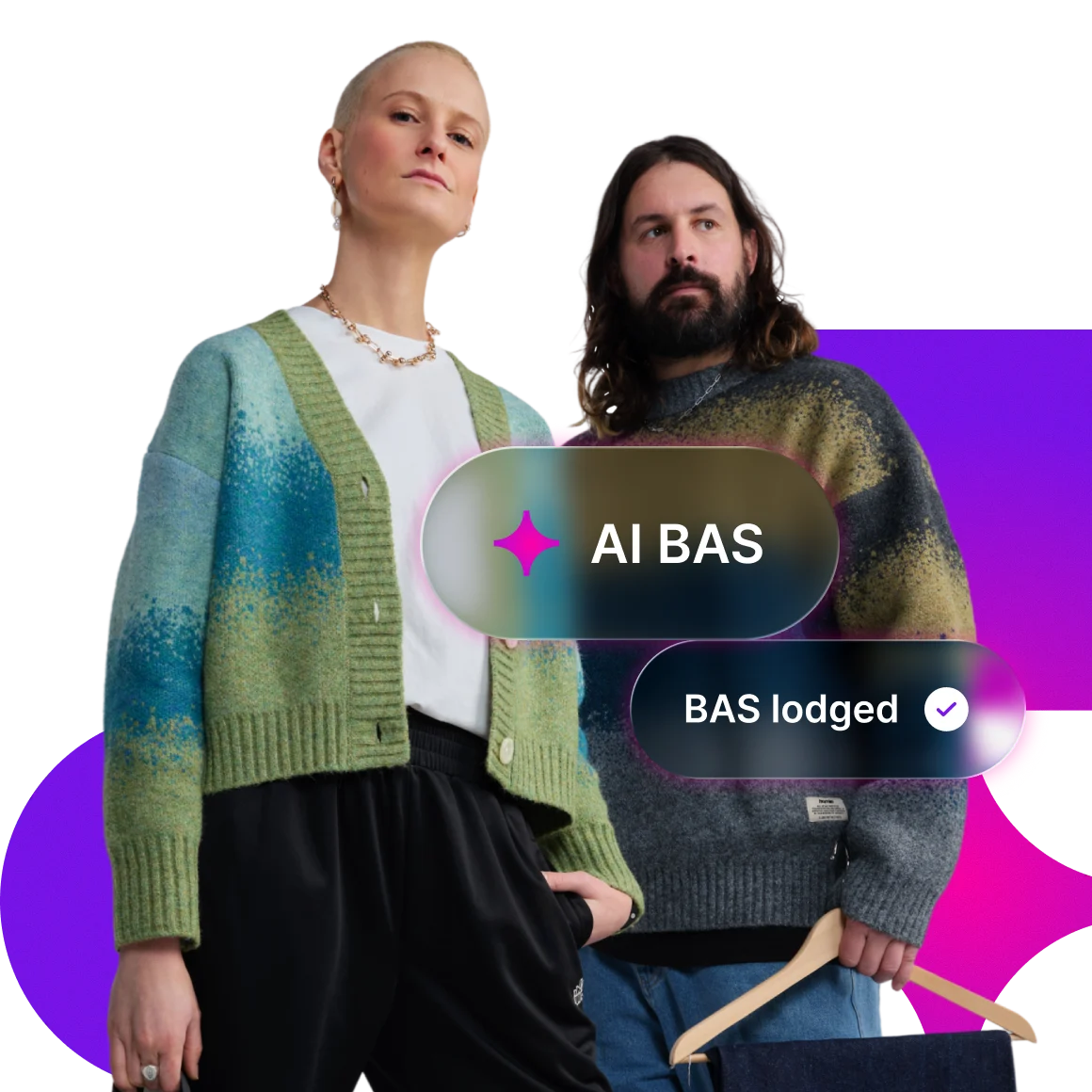 Two people standing side by side wearing colorful knit sweaters with "AI BAS" and "BAS lodged" interface elements overlaid.