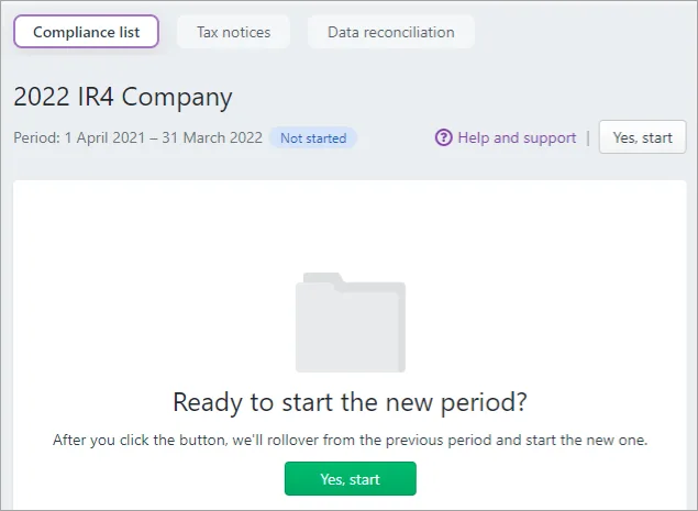 Ready to start the new period with a Yes, Start button in the tax return