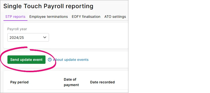 STP reporting centre with send update event button highlighted