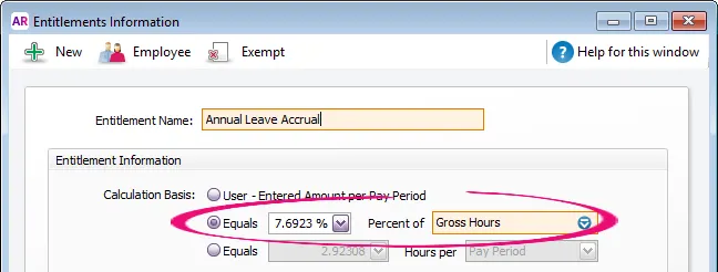 Example entitlement information window with calculation basis set to equals 7.6923 percent of gross hours