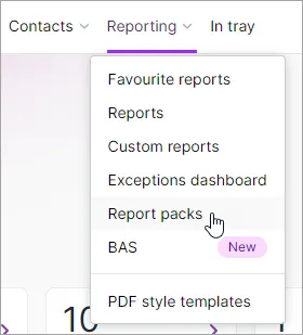 Reporting menu clicked with mouse hovering over report packs