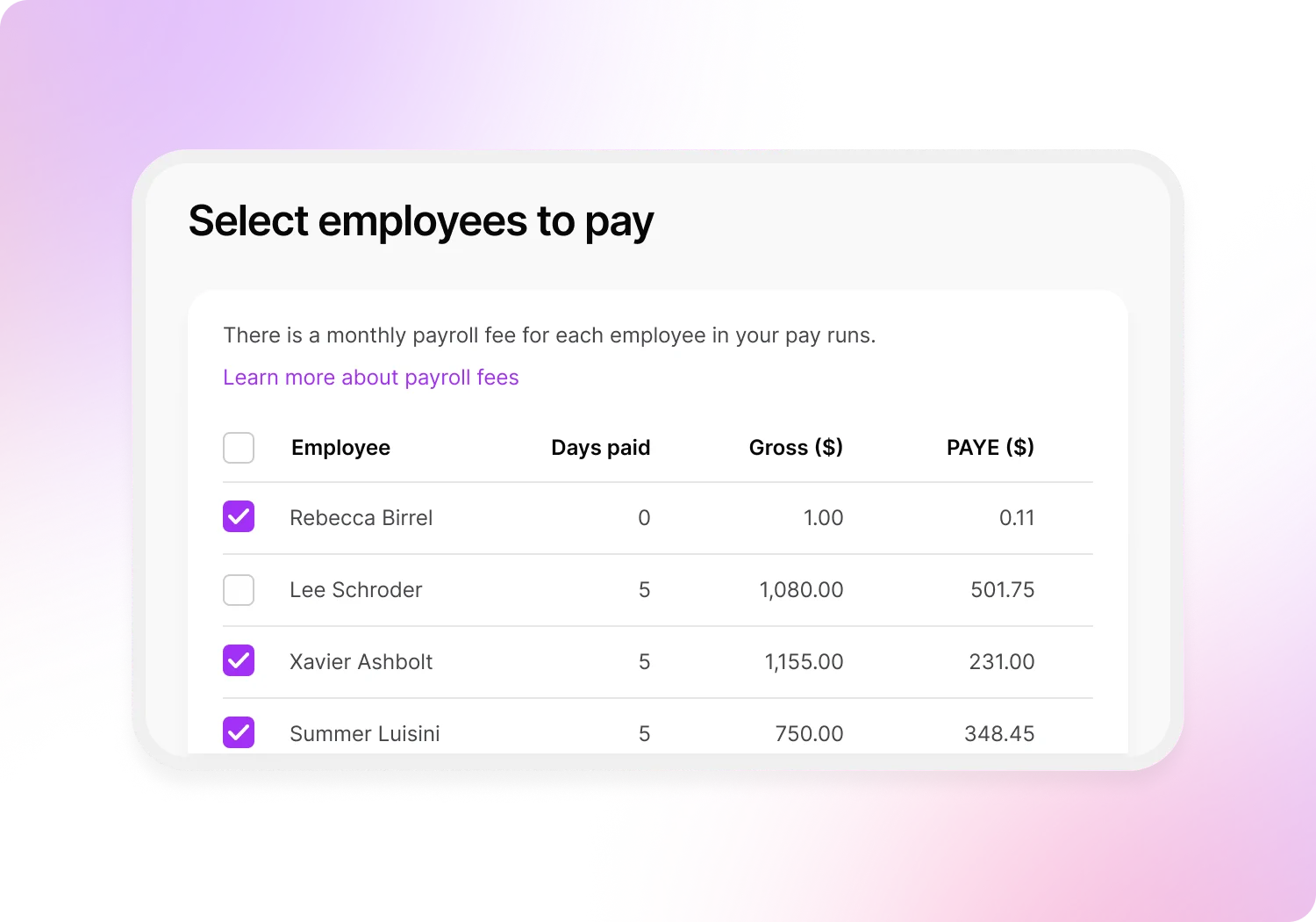 Click to select employees to pay 