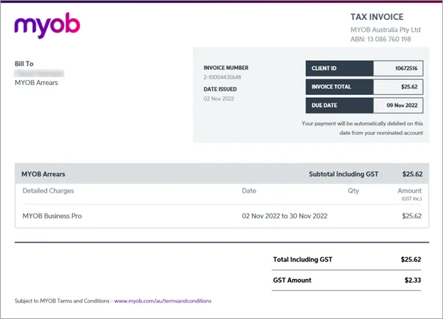 MYOB bill example