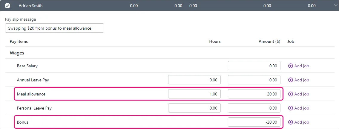 Example unscheduled pay with bonus and meal allowance pay items highlighted