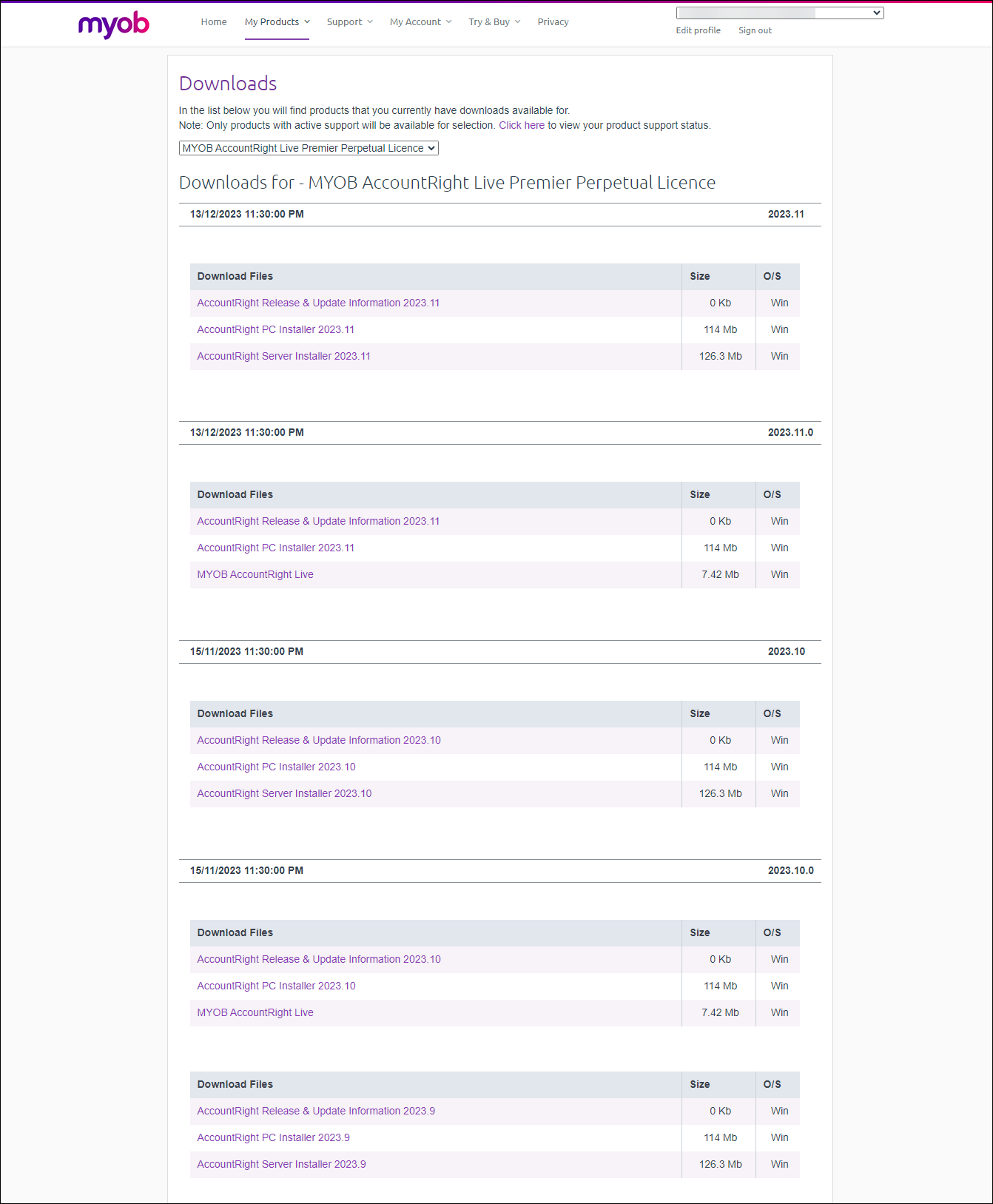 Managing Your MYOB Account   Software Downloads From My Products Downloads 