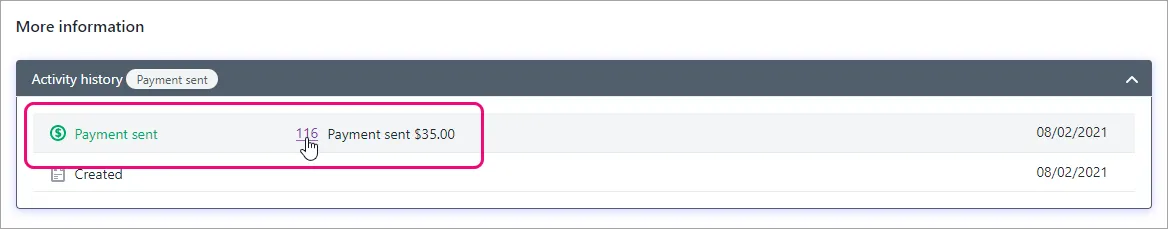 Deposit on purchase order with mouse on transaction ID