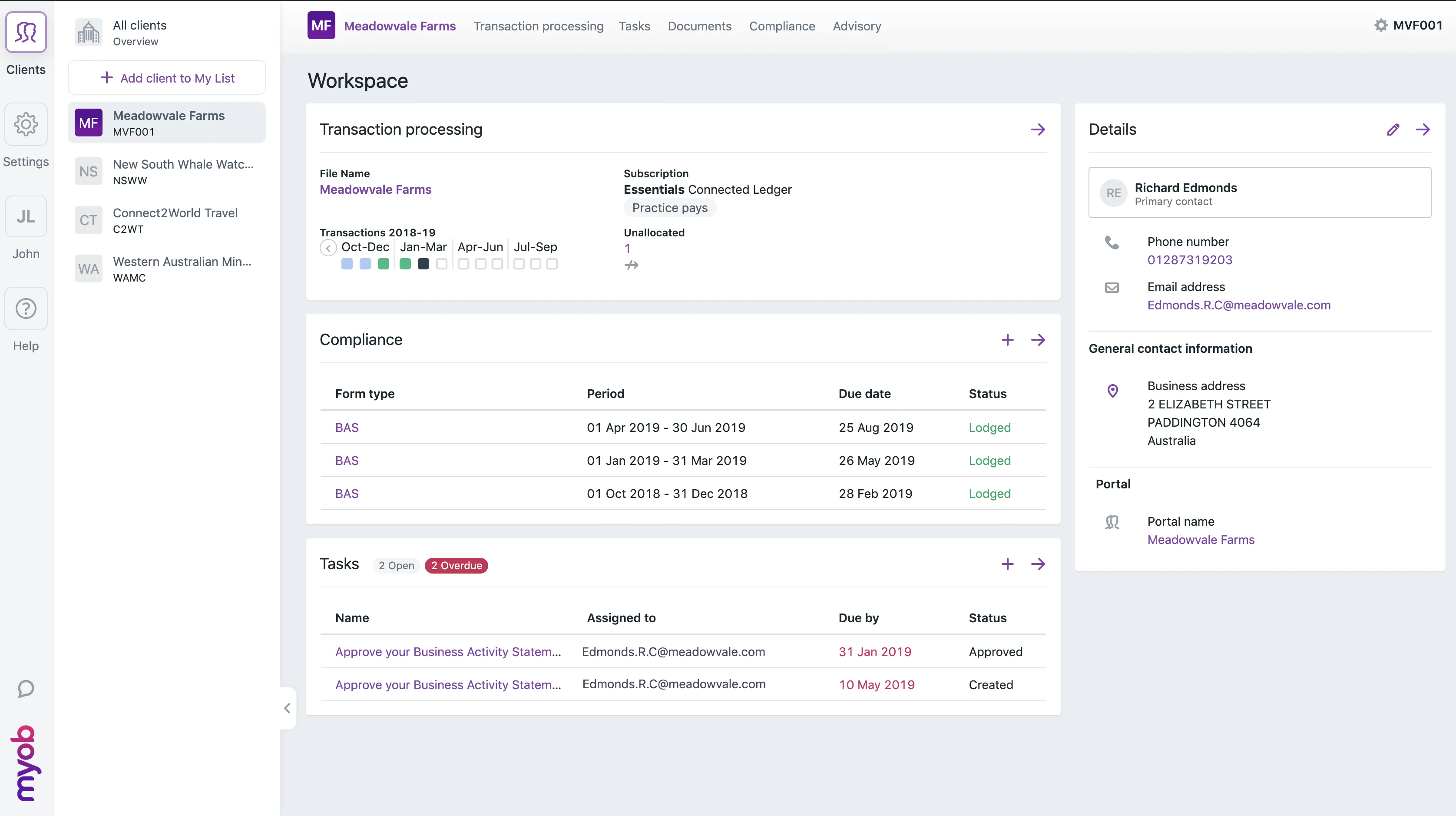 Workspace page showing sections for Transaction processing, Compliance, Tasks and Details.