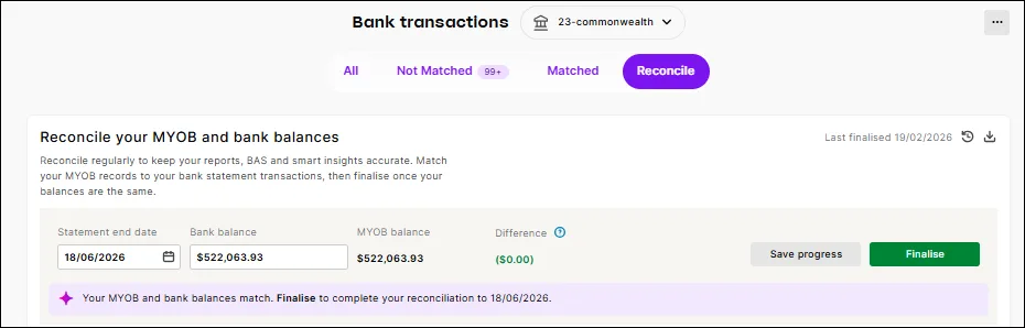 Reconcile view of the Bank transactions page showing ready to finalise reconciliation