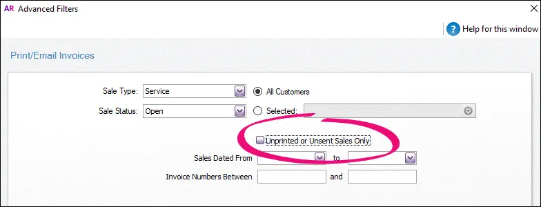 Advanced filters window with unprinted or unsent sales option deselected