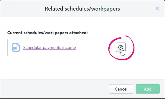 Delete icon highlighted next to the schedule in the Related schedules/workpapers window