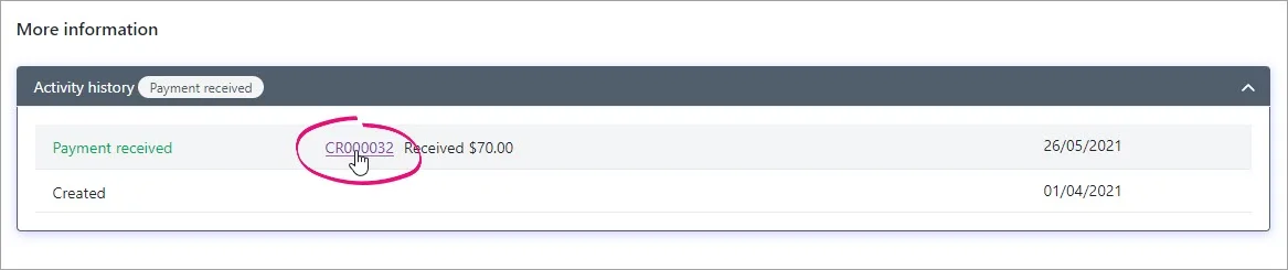 Activity history with invoice payment reference number highlighted