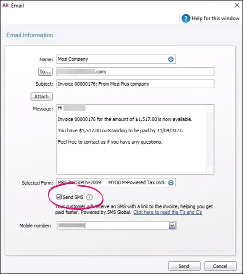 Email an online invoice from AccountRight with SMS option selected and highlighted