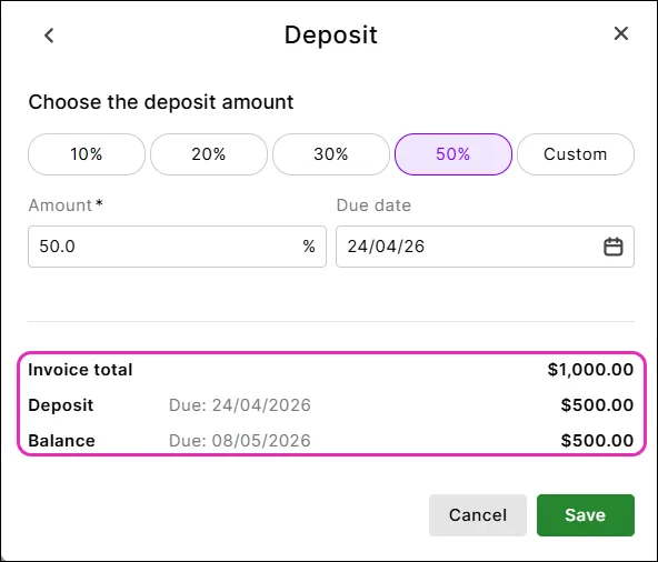 Example deposit with balance highlighted