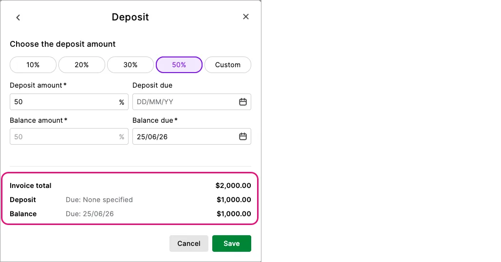 Example deposit with balance highlighted