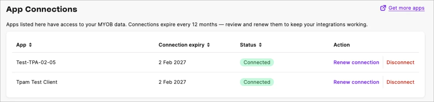 Example app connections page with two apps listed