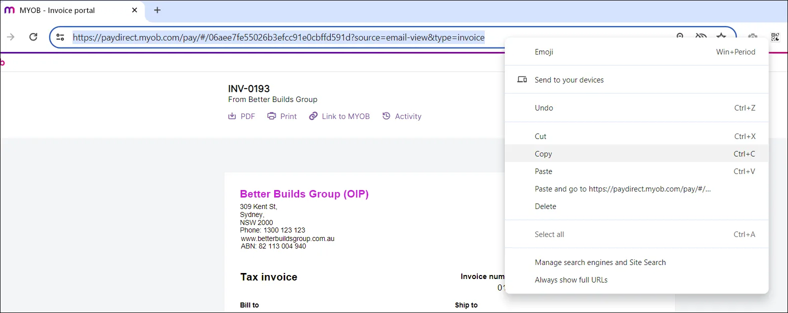 Copy the Outlook email invoice link in the browser