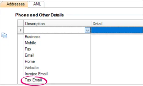 Tax Email highlighted in the drop-down in the Description column of the AE/AO Addresses tab