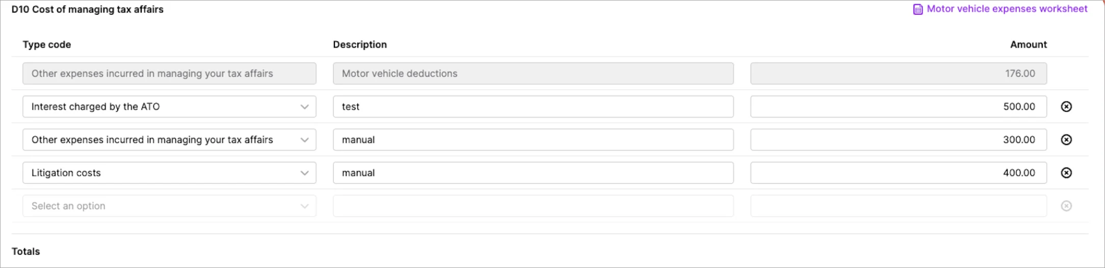 Deductions schedule fields in a table