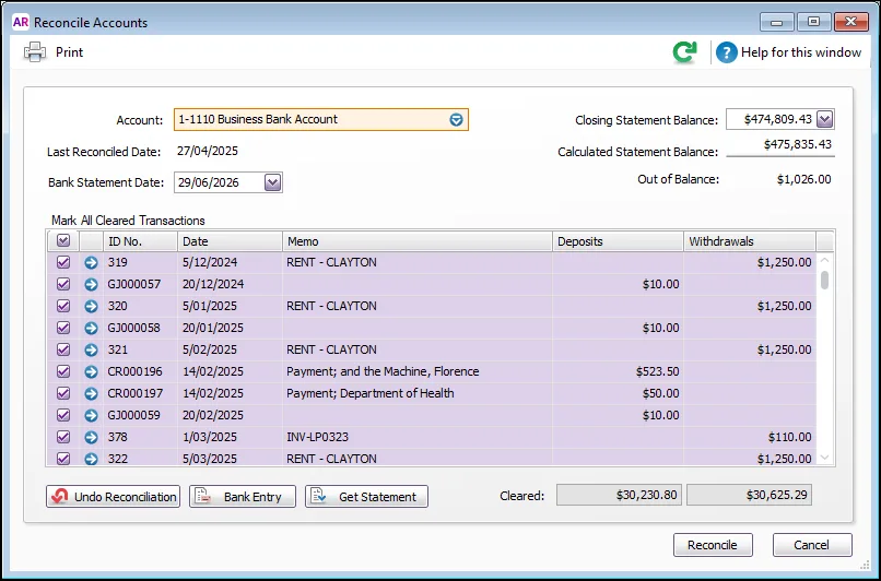 Reconcile Accounts window in AccountRight desktop showing an out of balance amount