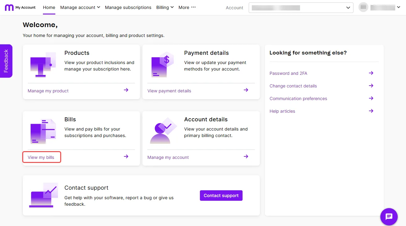 My account screen with view my bills link highlighted