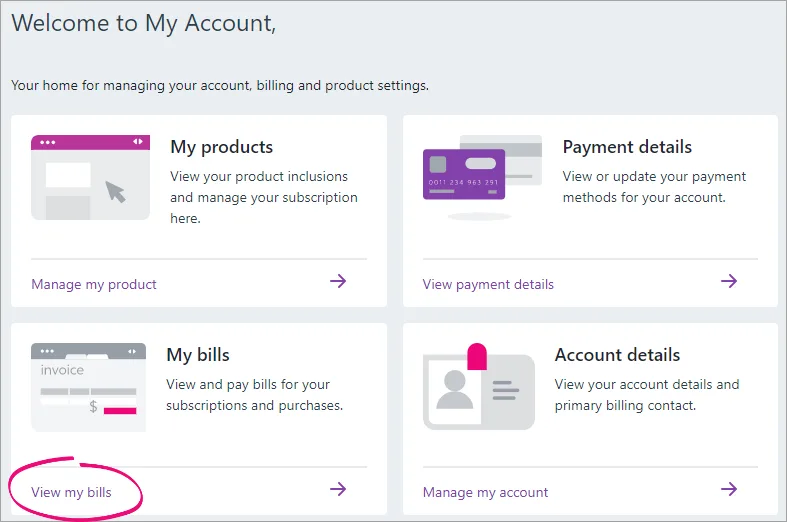 My account screen with view my bills link highlighted