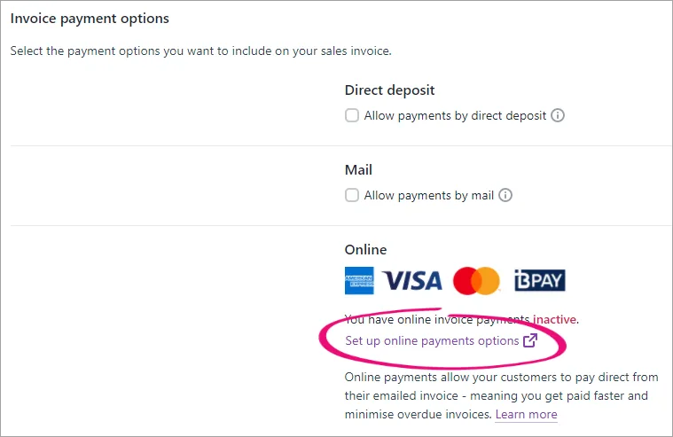 Set up online payment options link highlighted